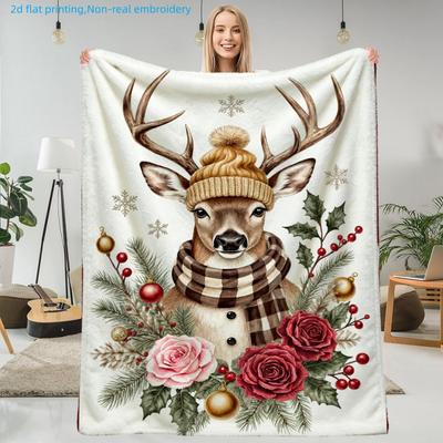 1pc Christmas Reindeer Print Blanket, Festive Atmosphere, Multi-Size Available, Suitable for Living Room, Bedroom, Study, Office, Outdoor