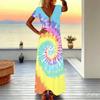 Women Plus Size Short Sleeve V Neck Maxi Dress Loose Tie Dye Print Beach Vacation Long Dress