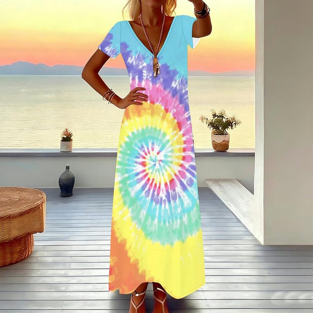 Women Plus Size Short Sleeve V Neck Maxi Dress Loose Tie Dye Print Beach Vacation Long Dress