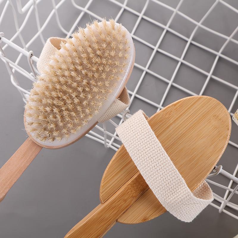 Wooden Boar Bristle Bath Brush with Long Handle for Scrubbing and Massage