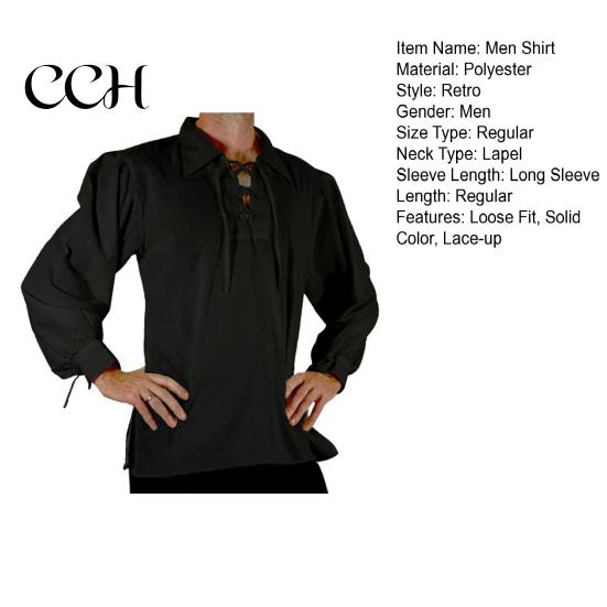 Loose Fit Pullover Shirt Adult Men Medieval Renaissance Cosplay Lapel Long Sleeve Lace-up Tops Solid Color