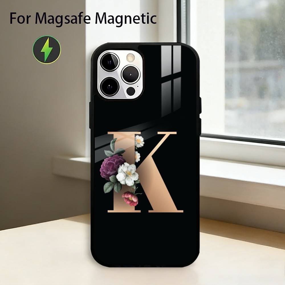 Flowers Initial L-Letter Phone Case For iPhone17,16,15,14,13,12,11 Plus,Pro Magnetic For Magsafe Wireless Charging
