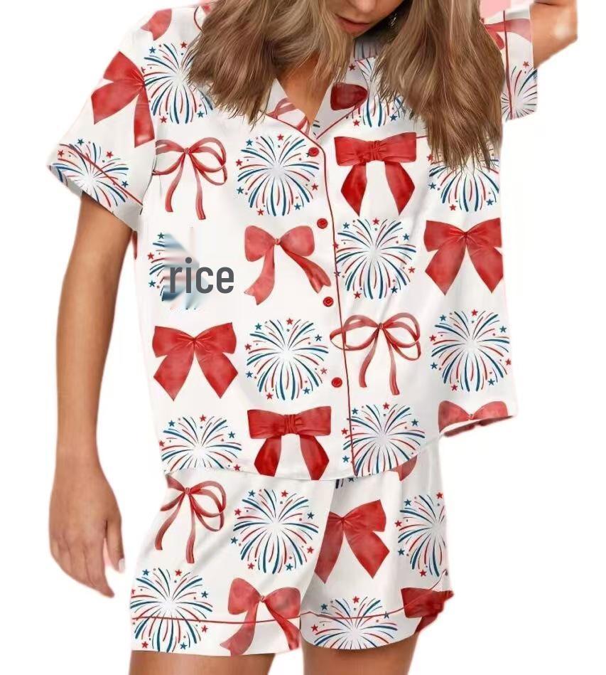 2025 Grenzüberschreitender Weihnachts-Pyjama: Druck Umlegekragen Kurzarm Shorts Hausanzug Set.