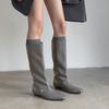 Schwarze Mode Vielseitige Niedrig Absatz Kniestiefel 2025 Herbst und Winter Neu Eckiger Kopf Temperament Ärmel Bis Knie Ritterstiefel Damen
