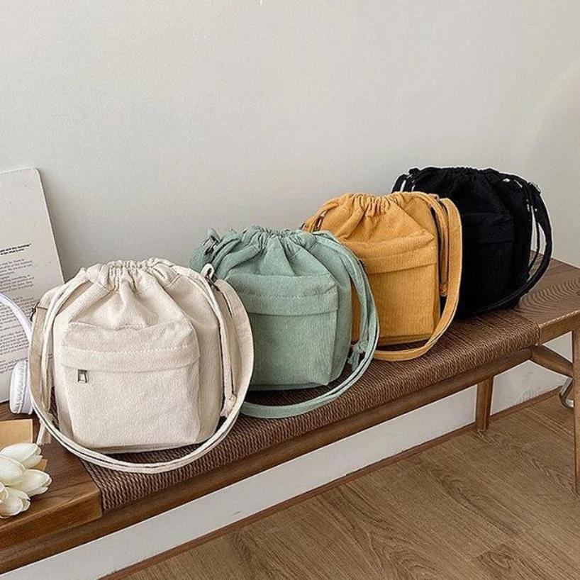 1 Pcs New Corduroy Women's Bag Crossbody Bag Korean Version Trendy Student Bucket Drawstring Single Shoulder Women's Bag