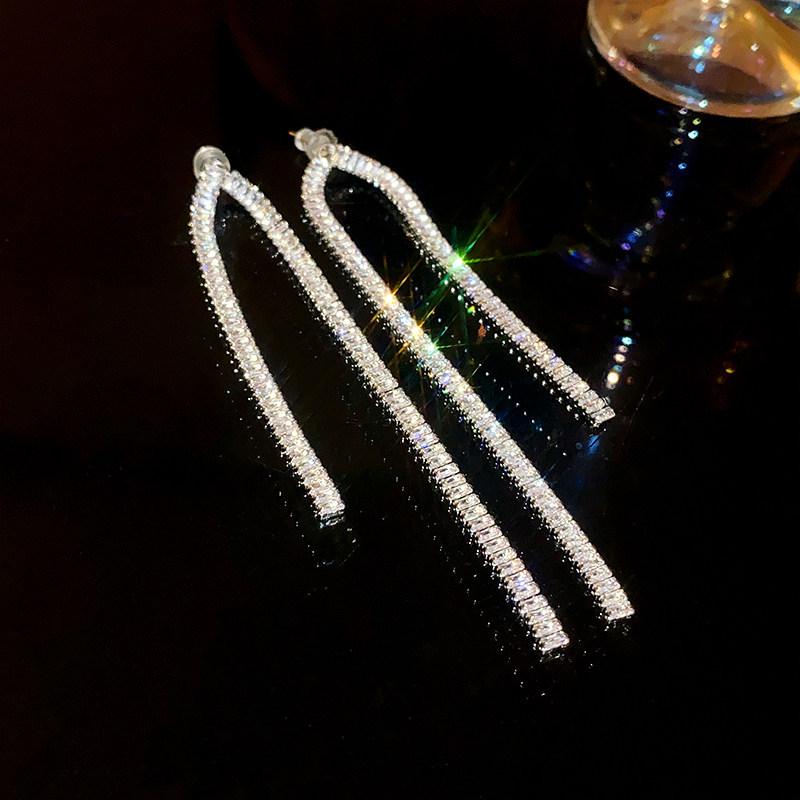 Silver Needle Korean Style Shiny Zirconia Square Tassel Earrings - Light Luxury, High-End Studs, Fashionable and Exquisite for Women