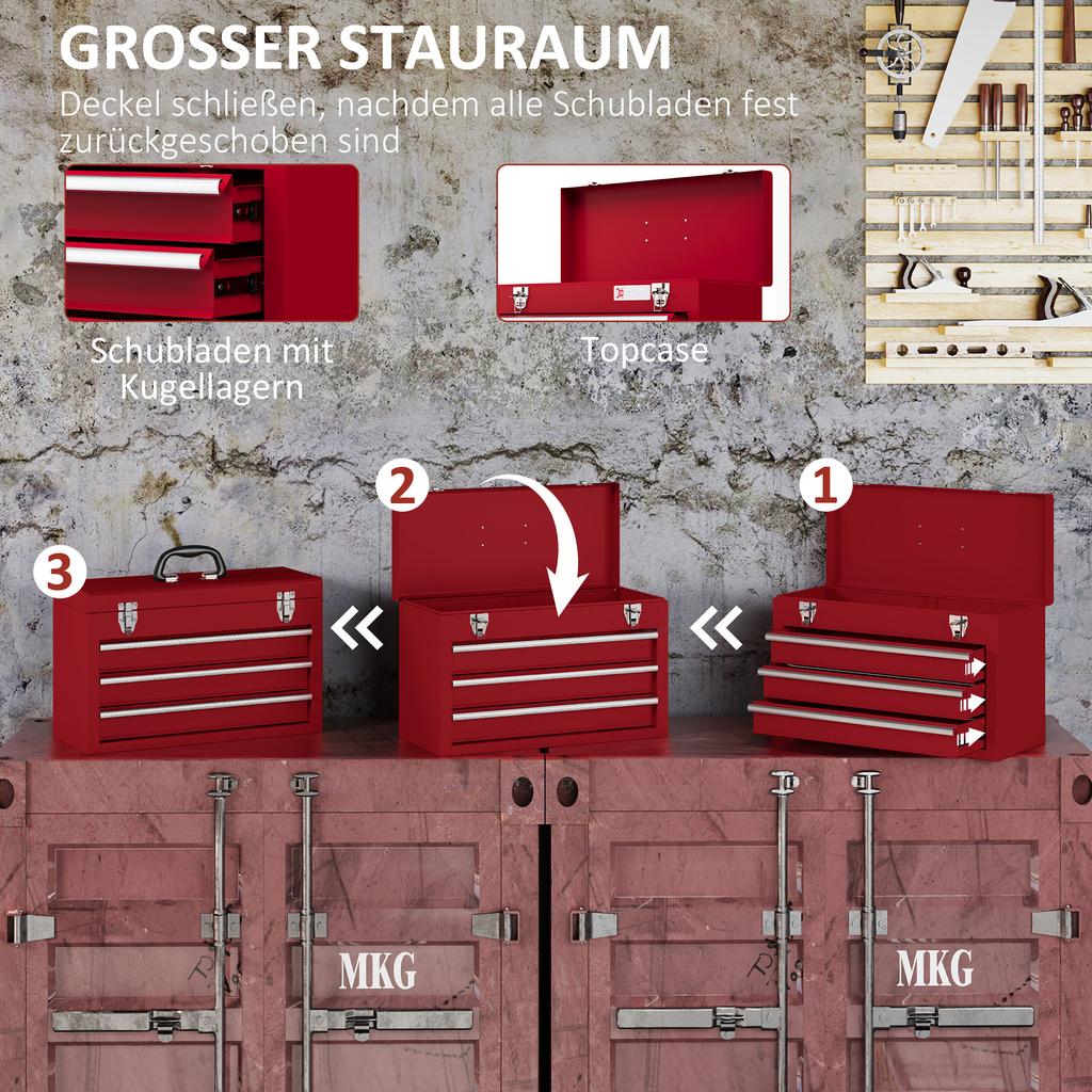 Lockable Metal Tool Box, 3 Drawer Tool Chest with Latches, Handle, Ball Bearing Runners, Red