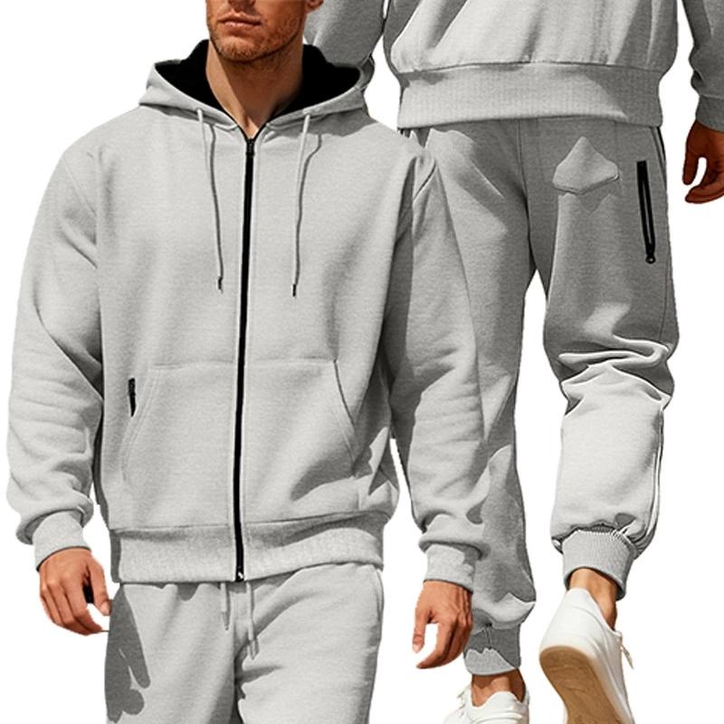 Ensemble de sport à capuche en polaire pour homme Automne Hiver Manches Longues Décontracté Fermeture éclair Thermique Confortable Respirant Vêtement d'extérieur
