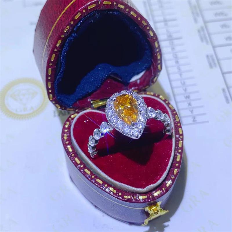 Yellow Moissanite Water Drop Pear-Shaped Women's Ring, 1 Carat VVS Diamond, Micro-Pave Fashion Engagement Proposal Gift.