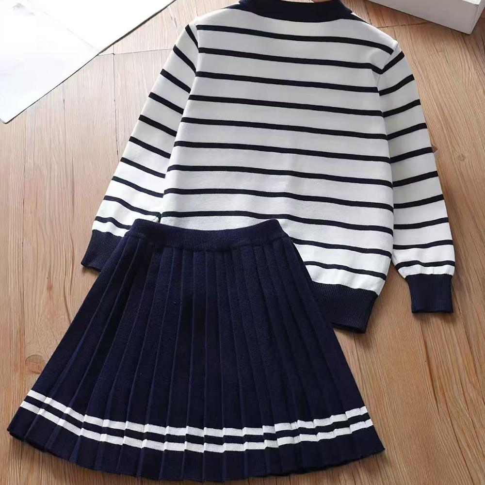 Kids Clothing Set Striped Knit Cardigan Pleated Skirt Cute Girls Outfit for Ages 5-12 Autumn Winter Children's Sweater Set