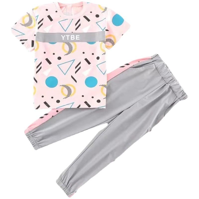 Girls Suit Summer Sports Leisure Loose and Breathable Children's Clothing Girl Short-sleeved Trousers Letter Printing All-match Two-piece Set