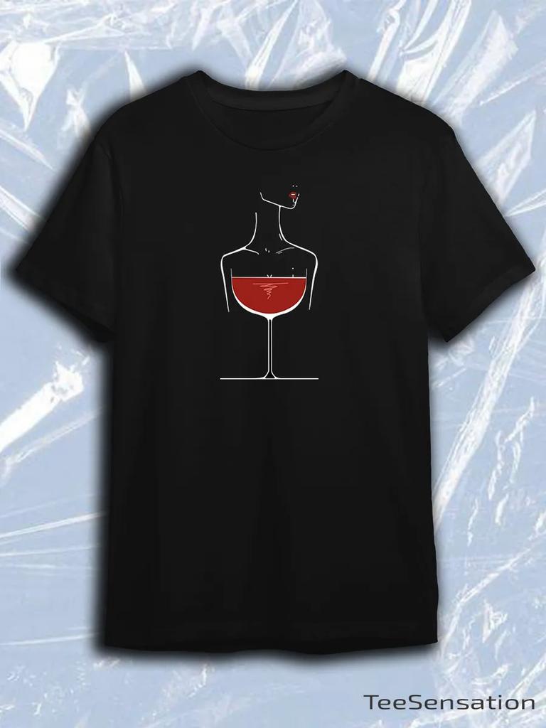 TeeSensation Black Crew Neck Short Sleeve T-Shirt with Woman Wine Glass Silhouette Art Print