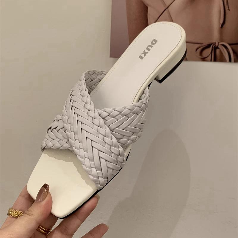 Fashion SUOJIALUN 2025 Summer New Brand Women Slipper Fashion Weave Slip On Ladies Elegant Slides Soft Flat Heel Outdoor Dress Sandal