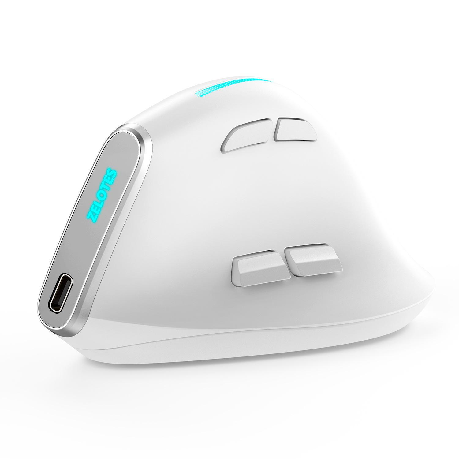 

ZELOTES Master F36 Вертикальна ергономічна миша: Трирежимний Bluetooth, Перезаряджуваний, Програмований білий