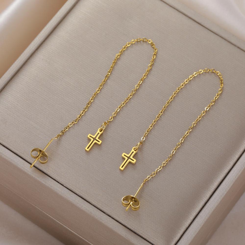 Dawapara Cross Long Earrings for Women Stainless Steel Tassel Earrings Christian Symbol Minimalism Cross Charm Religious Jewelry