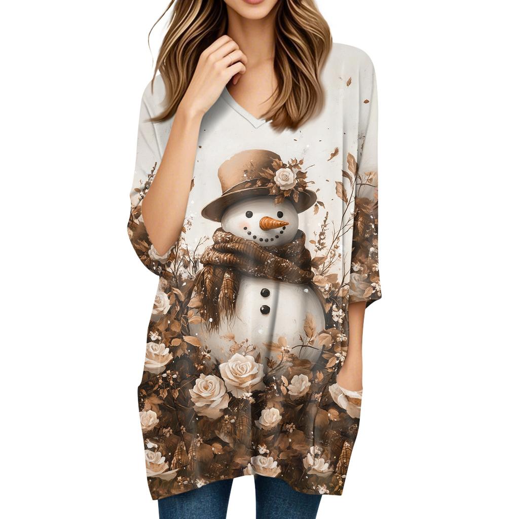 Womens Tops V-neck 3/4 Sleeve Blouses Casual Mid-length Shirts Fashion Christmas Print Tunic Tops With Pockets