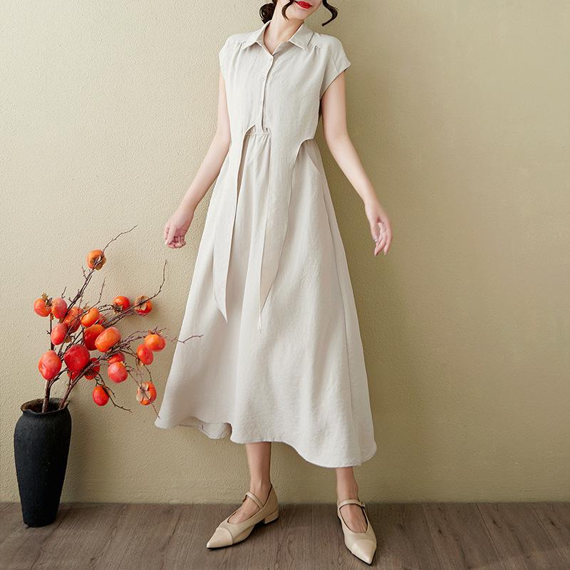 Women's Summer 2025 Cotton and Linen Short-Sleeve Dress - French Retro Socialite Style