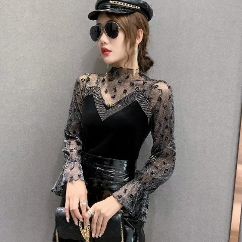 Women's Spring/Fall Lace Top with Mesh Long Sleeves Elegant Base Layer