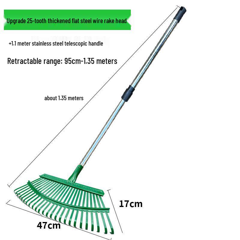 Garden Rake with Long Wooden Handle for Lawn and Leaves