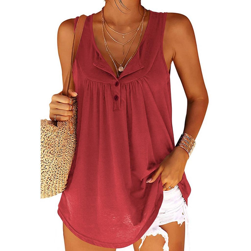 Women's Fashion Casual Loose Pleated Button Sleeveless Vest Tank Top