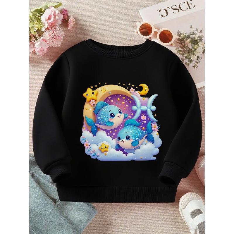 European sizes Kids Whimsical Night Sky with Cute Fishes: A Fantasy Illustration Print Long Sleeve Crewneck Sweatshirt - Soft Casual Pullover Top