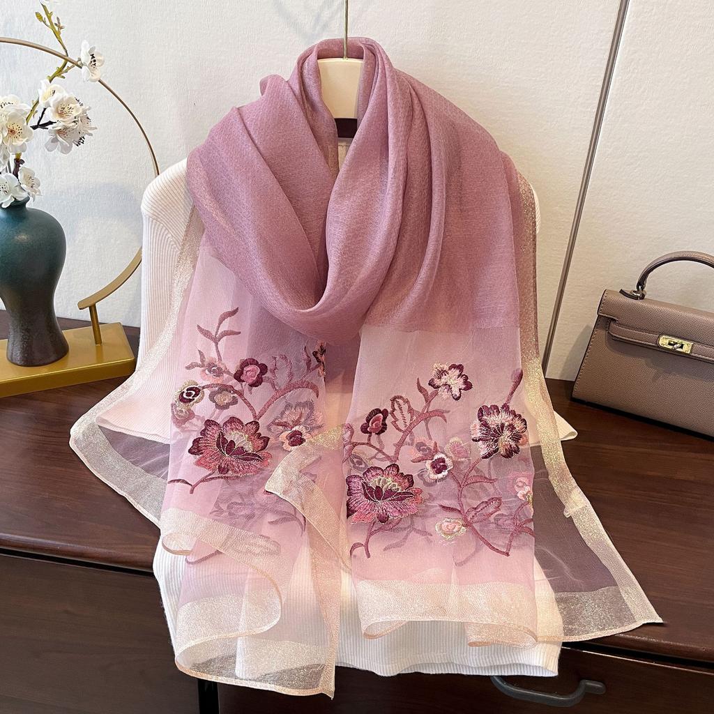 Imitation Silk Embroidered Long Silk Scarf for Women's Fashionable and Fashionable Mulberry Silk Sunscreen Scarf