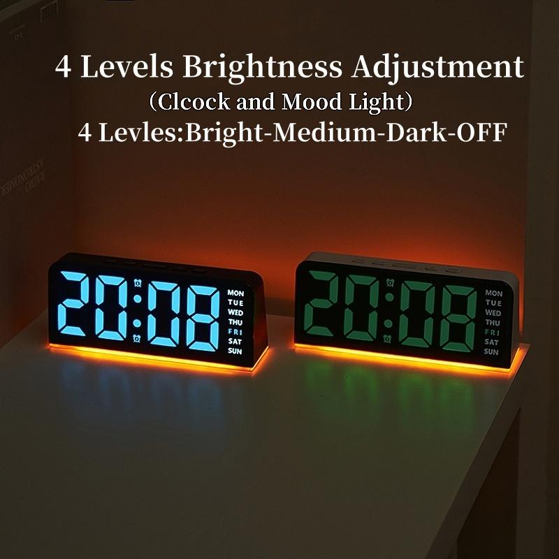 Digital Alarm Clock with Mood Light TEMP Date Week 2 Alarms Snooze Table Clock 4 Levels Brightness 12/24H Electronic LED Clock