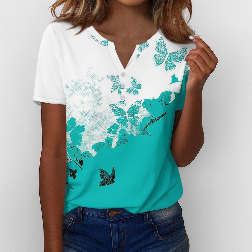 Henley Shirts for Women Womens V Neck Tops Short Sleeve Tops for Women Women Summer Tops Floral Print Casual Blouse
