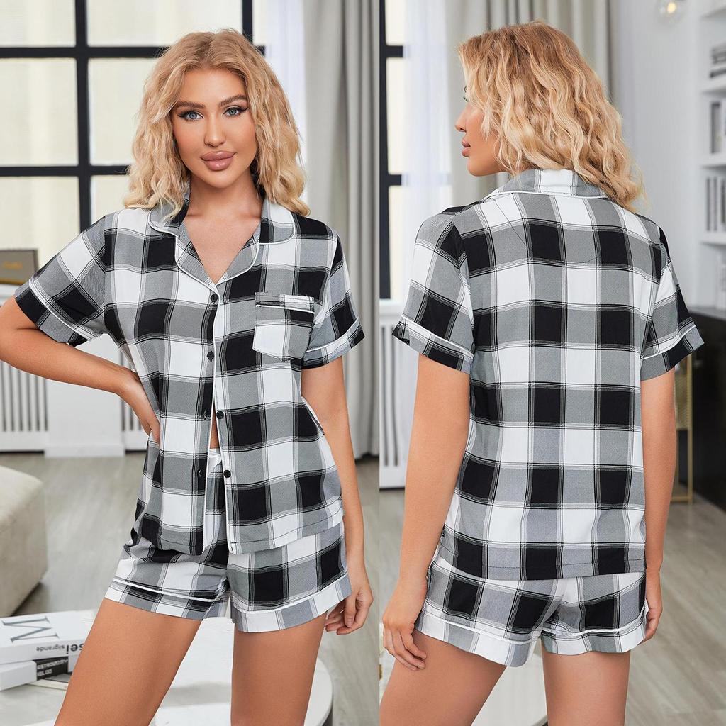Women’s Sleep Lounge Wear Shirt and Short Pants 2 Pieces Sleeping Suit Leopard Plaid Pajamas Summer Home Casual Night Clothing Set