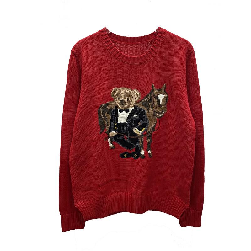 Damen Jacquard Wollmischpullover mit gesticktem Cartoon-Bär-Design