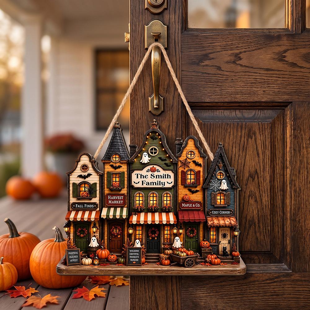 Autumn Halloween Wooden Ghost Castle Pumpkin House Style Courtyard Entrance Wall Welcoming Decoration Doorplate