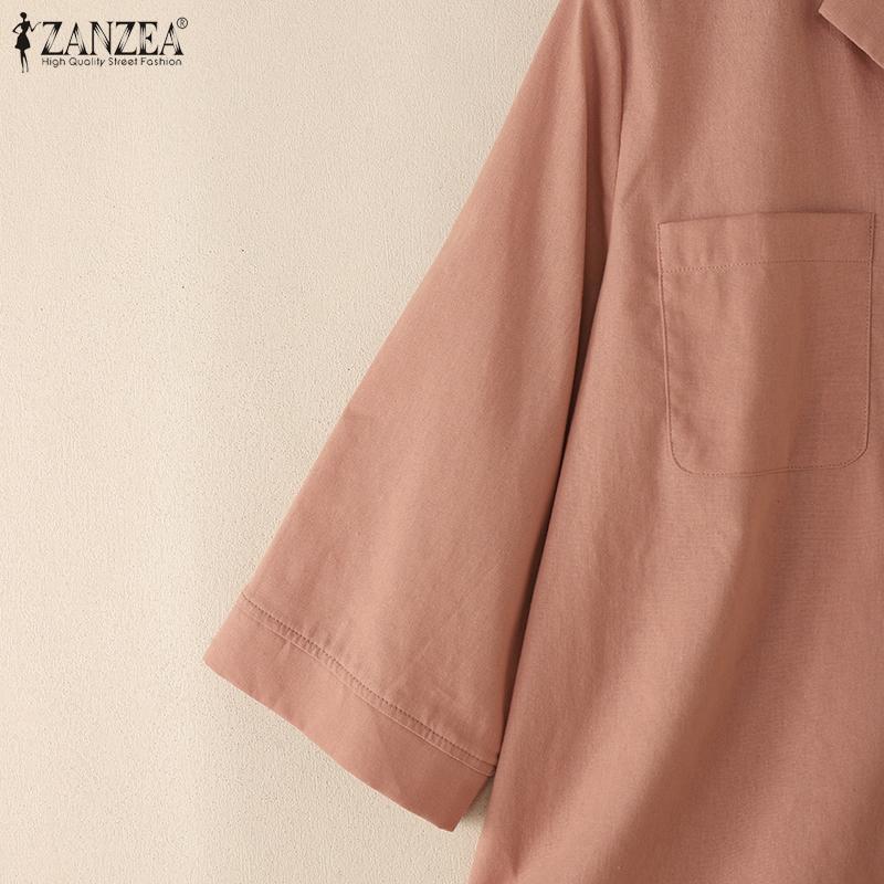 ZANZEA Women Turn Down Collar Loose 3/4 Sleeve Cotton Blouse