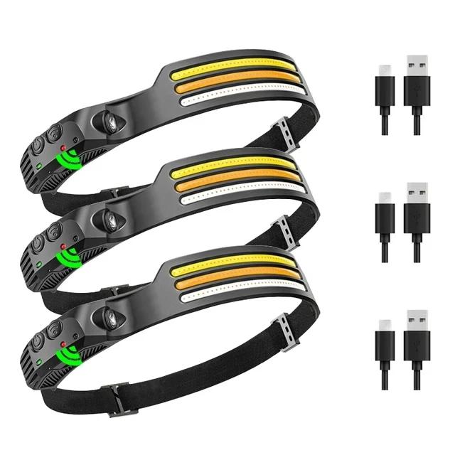 1-10Pcs Tricolor LED Sensor Headlamp Built-in Battery USB Rechargeable Head Flashlight Outdoor Camping Fishing Emergency Lamp
