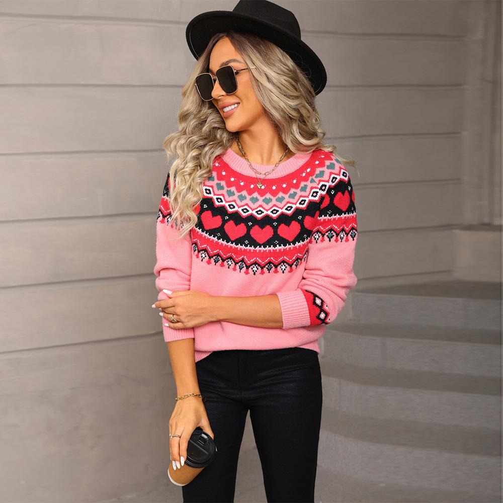 New Winter Women's Wear, Heart-shaped Sweater Pullover, Plus-size Christmas Casual Jacquard Knitted Sweater
