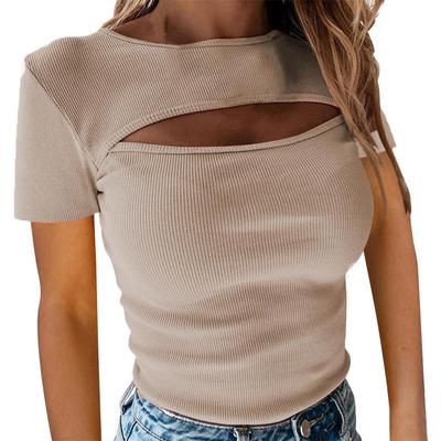 Camiseta de verano para mujer, Top acanalado de manga corta ahuecado en el pecho sexi, moda femenina, pecho de exhibición Sexy