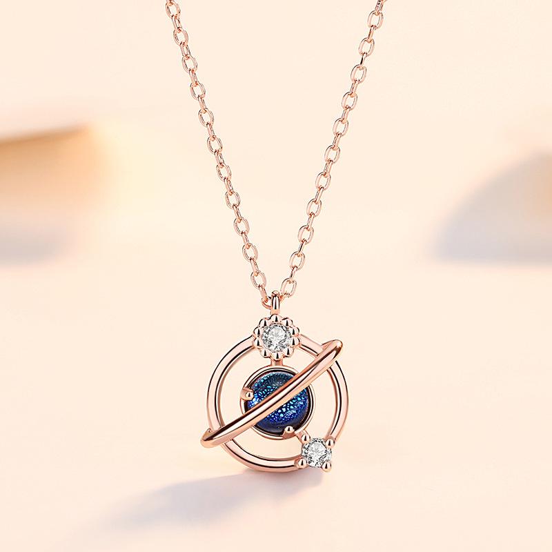925 Sterling Silver Dreamy Universe Planet Necklace with Glass Crystal Pendant - Women s Clavicle Chain 925 Silver