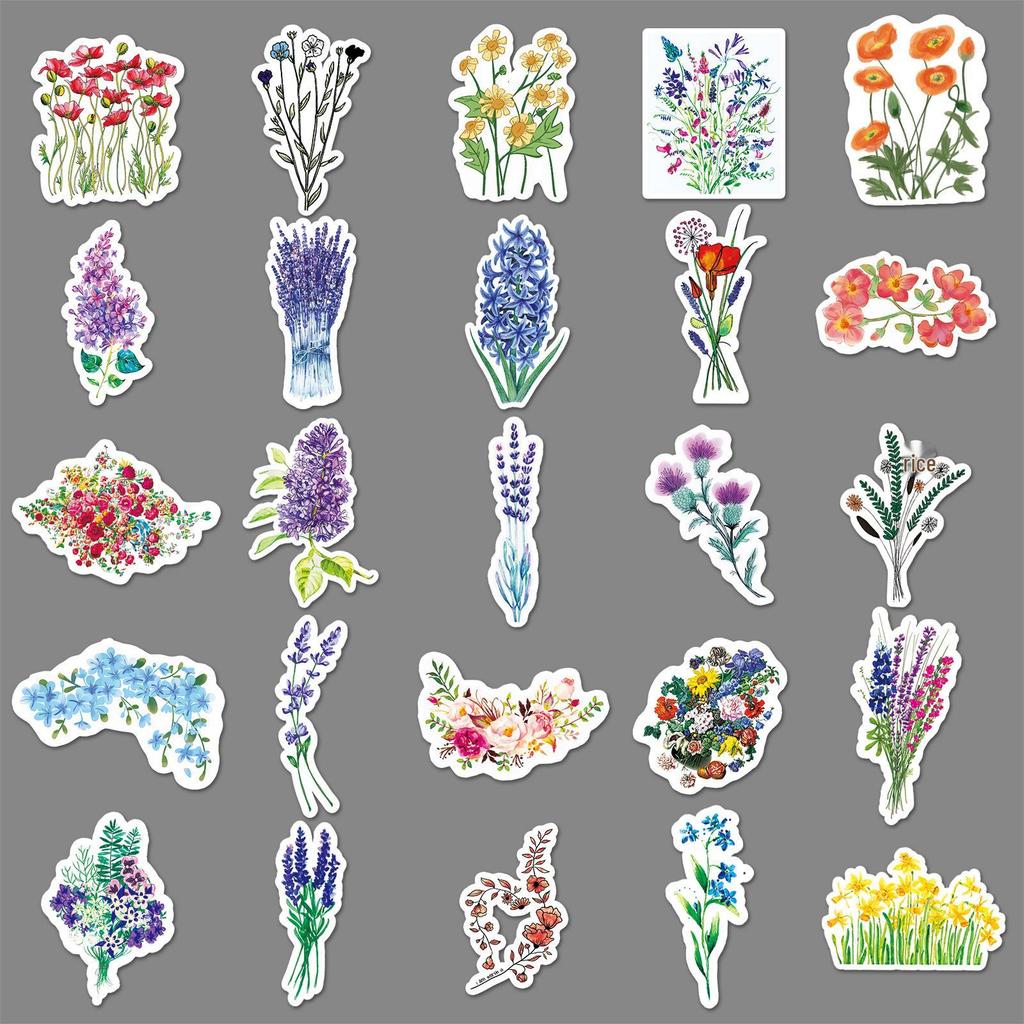 50 Colorful Flower Cartoon Plant Stickers for DIY Notebooks, Journals, Skateboards, and Luggage Decoration