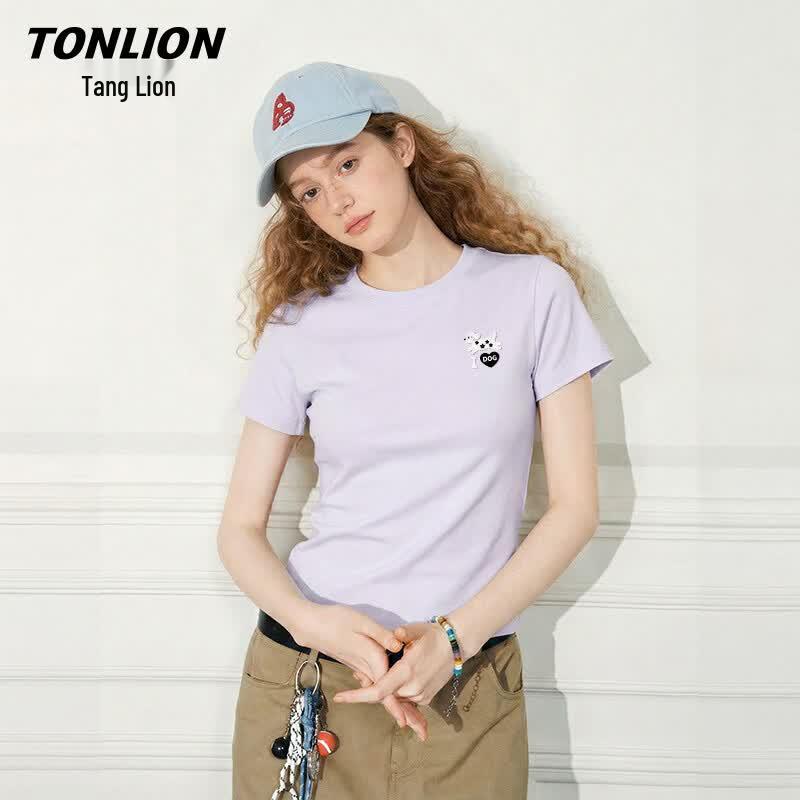 

TonLion Women s Slim Fit Crew Neck Stretch T-Shirt with Running Dog Print XL