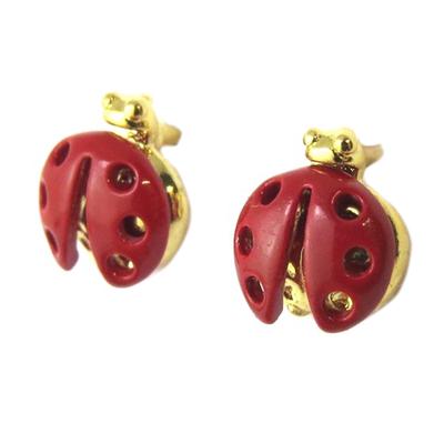 [Q1361] - Golden Red 'Ladybug' Artisanal Earrings - 7x6 Mm