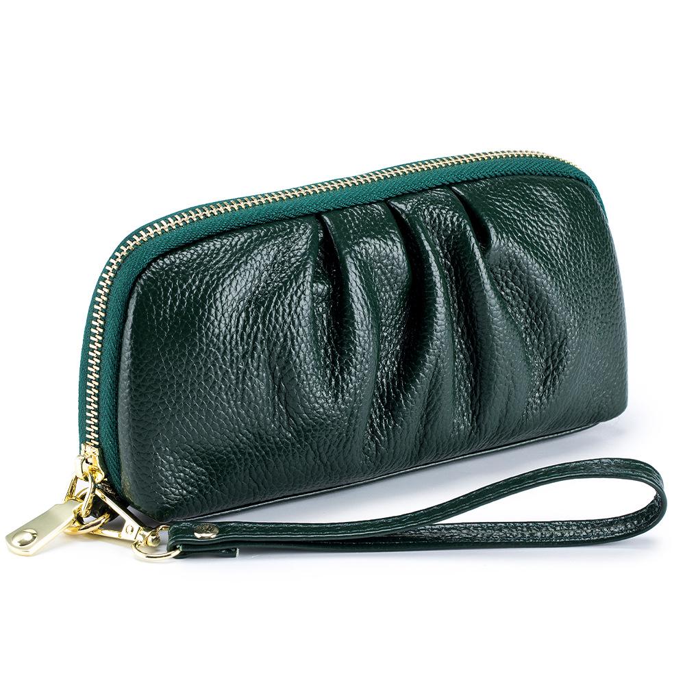 Top Grain Cowhide Versatile Pleated Leather Wristlet Wallet Clutch - Large Capacity Phone Handbag