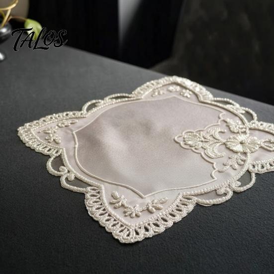 Light Luxury Table Ornaments Retro Square Placemat, Floral Embroidery Coaster with Beads, Heat Resistant High End Home Furnishing Mats Place
