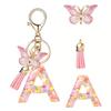 Fashionable Crystal Letter Keychain Sparkling Butterfly Tassels Charm Keyring Ornament for Women Girls Accessories