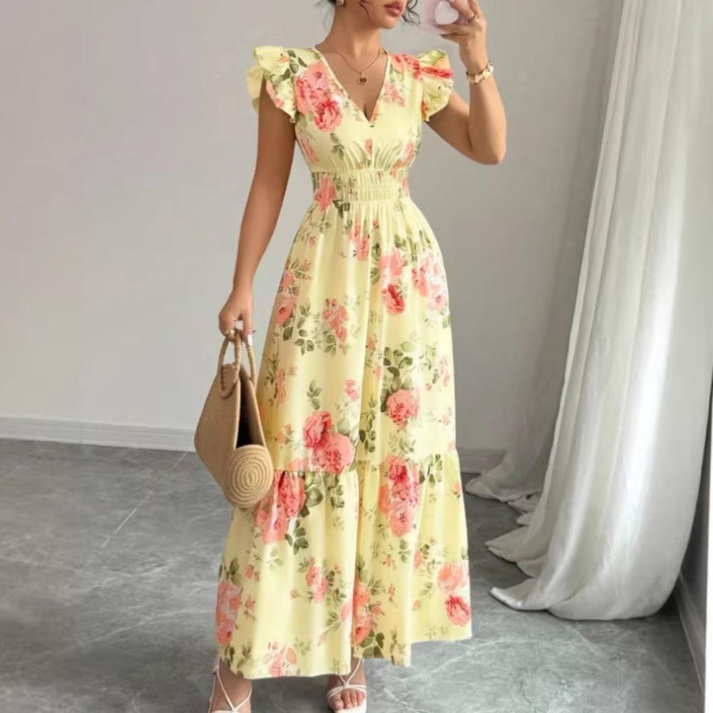 Women'S V-Neck Leaf-Trimmed Striped Slim A-Line Dress, Suitable for Spring and Summer Casual Vacation Fashion Dress