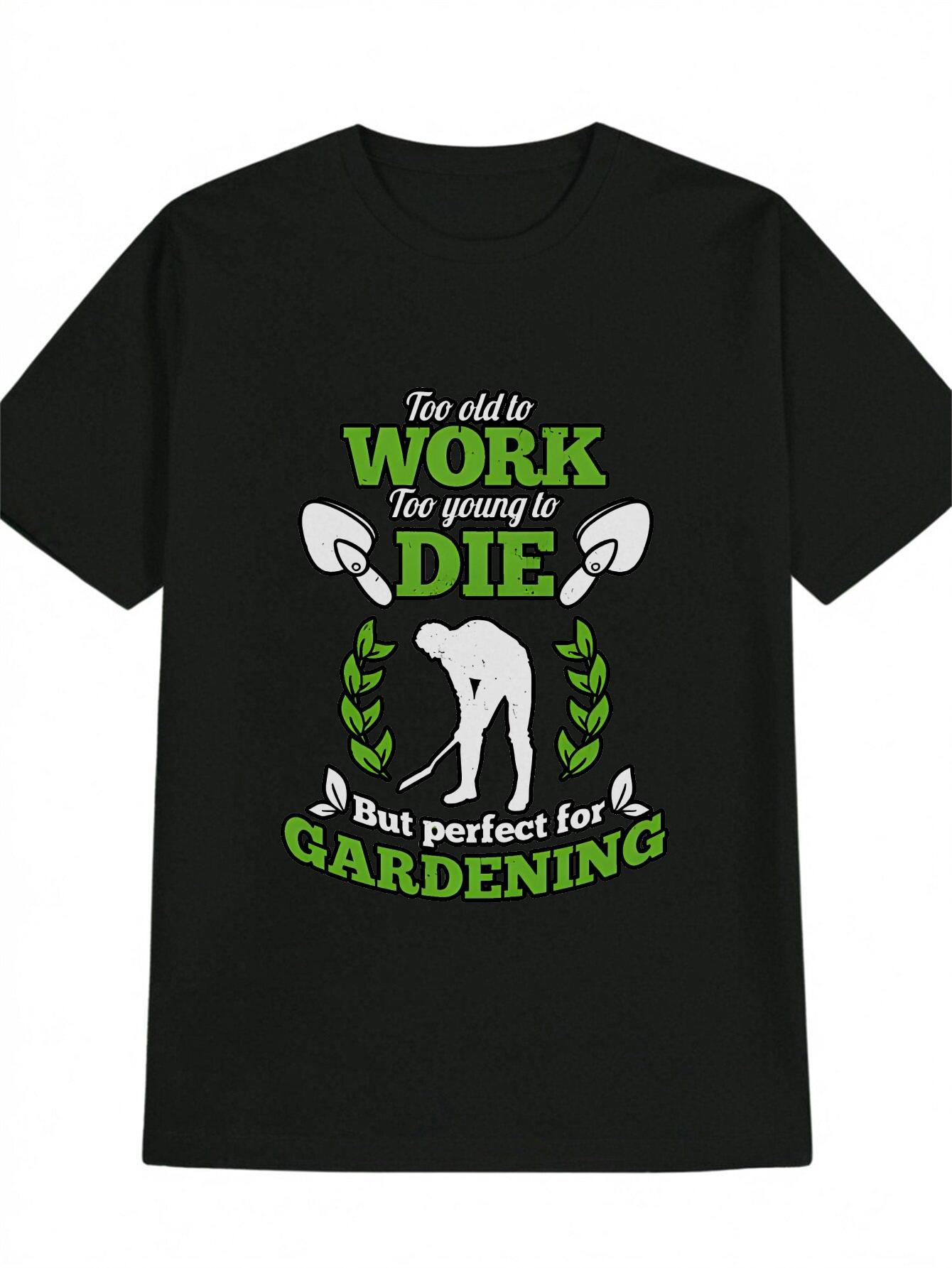 

Casual Round Neck T-shirt with Gardening Silhouette and Two Gardening Tools Print XL