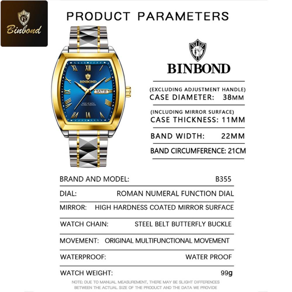 BINBOND B355 Stainless Steel Men Watch Top Quailty Luxury Push Button Hidden Clasp Waterproof Luminous Date Week Sport Men Watch