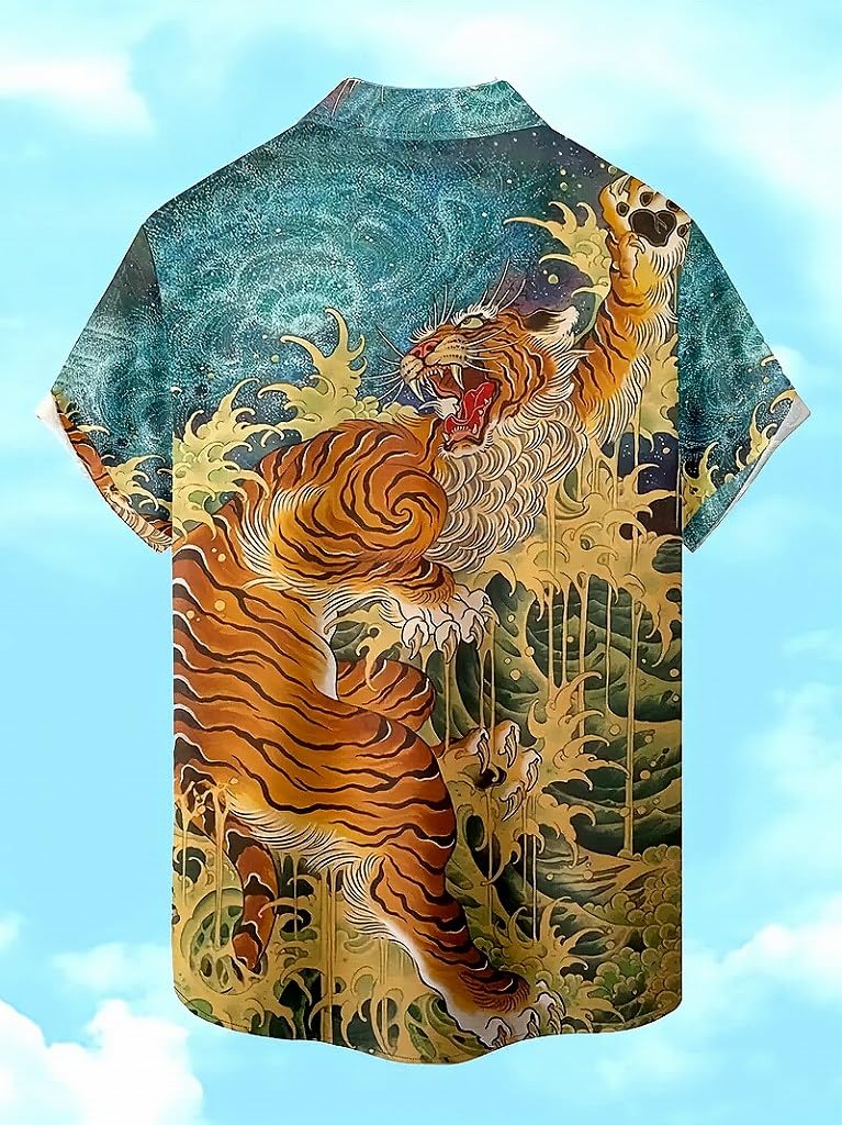 Tiger Print Aloha Short Flashy Summer Hawaiian Plus Size [syatu032-L] Shirt, Sleeve, Yakuza/Yankee Style, Outfit, Festival/Fireworks, Men's Fashion,