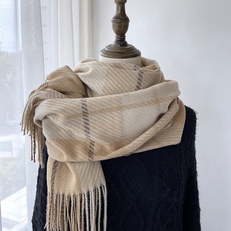 Eșarfă pentru femei, toamnă și iarnă, senzație high-end, șal cu ciucuri în carouri imitație de cașmir, eșarfă groasă și caldă pentru studenți