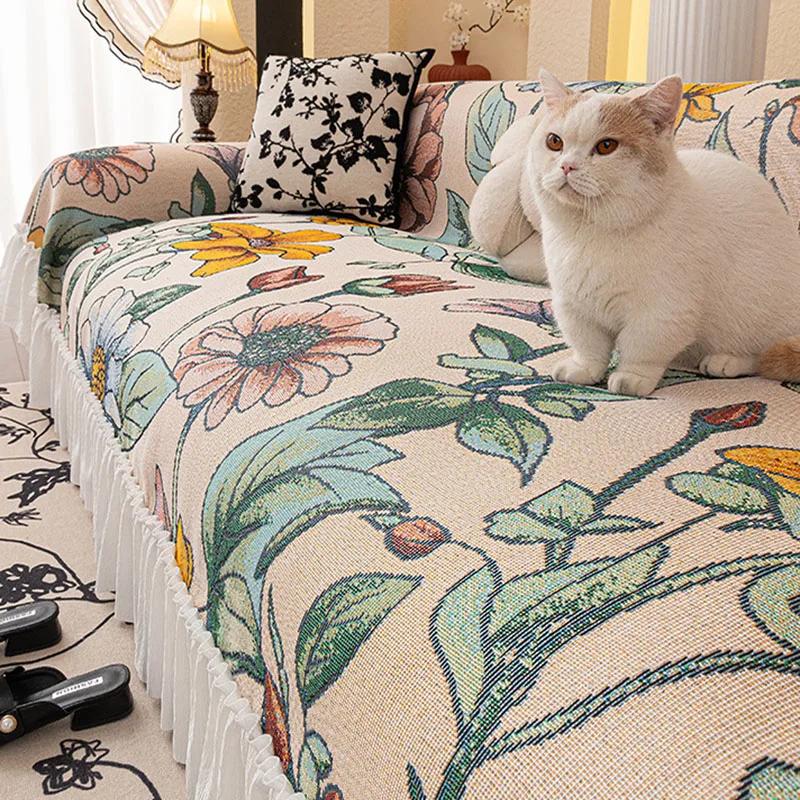Nordic Pastoral Sofa Towel with Skirt Edge All Inclusive Non Slip Couch Cushion for Living Room All-Season Printed Sofa Blanket