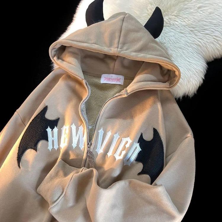 Women Gothic Embroidered Zip Up Hoodie Casual Loose Long Sleeve Sweatshirt Retro Couple Fashion Devil Hooded Autumn Winter