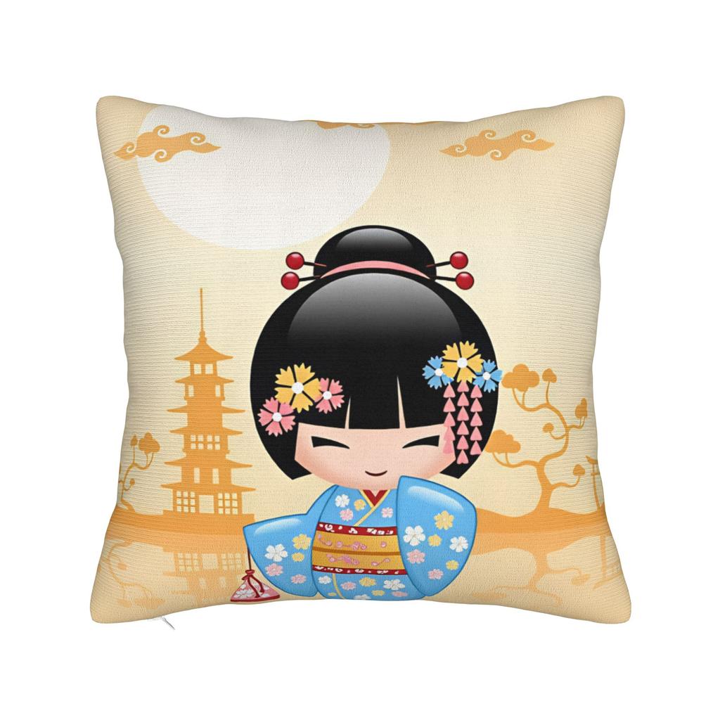Japanese Girl Sakura Kokeshi Doll Pillow Case Cushion Cover Soft Custom Pillow Cover Pillowcases For Office Car Home Decorative